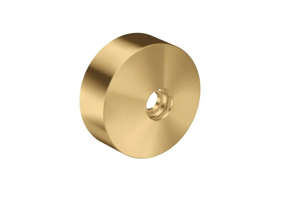 Runde Verlängerungsrosette aus Metall in gebürsteter Gold-Optik, geeignet für AXOR Produkte. Gewindeöffnung in der Mitte für Befestigung.